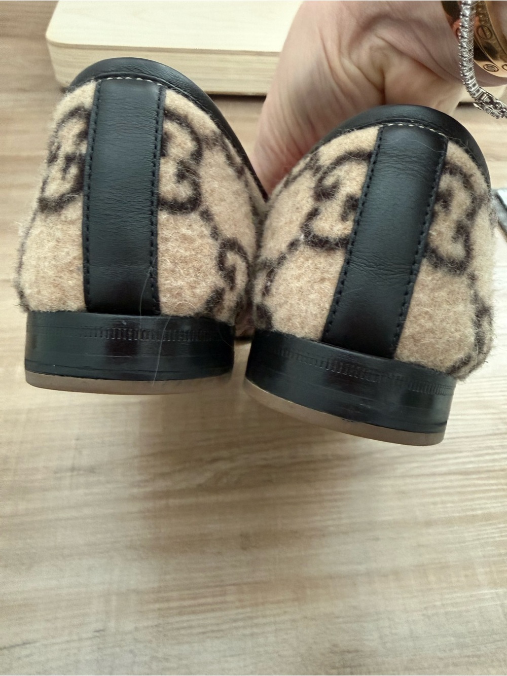 Women’s Gucci Beige and Brown GG Wool Horsebit Loafers - Picture 3 of 5